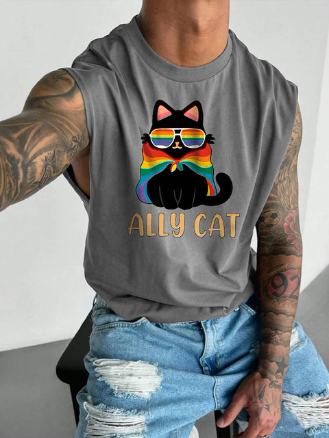 Men's Retro Pride LGBT Pride Ally Cat Rainbow Print Casual Wide Shoulder Vest
