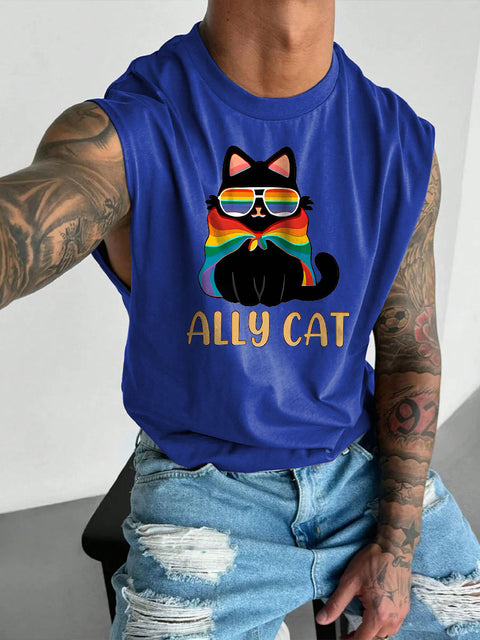 Men's Retro Pride LGBT Pride Ally Cat Rainbow Print Casual Wide Shoulder Vest