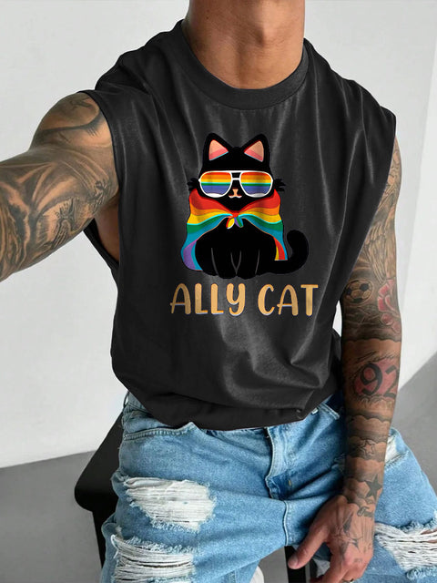 Men's Retro Pride LGBT Pride Ally Cat Rainbow Print Casual Wide Shoulder Vest