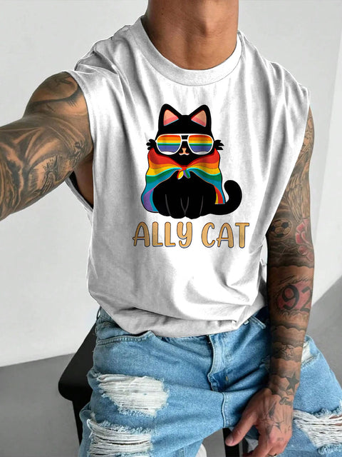 Men's Retro Pride LGBT Pride Ally Cat Rainbow Print Casual Wide Shoulder Vest