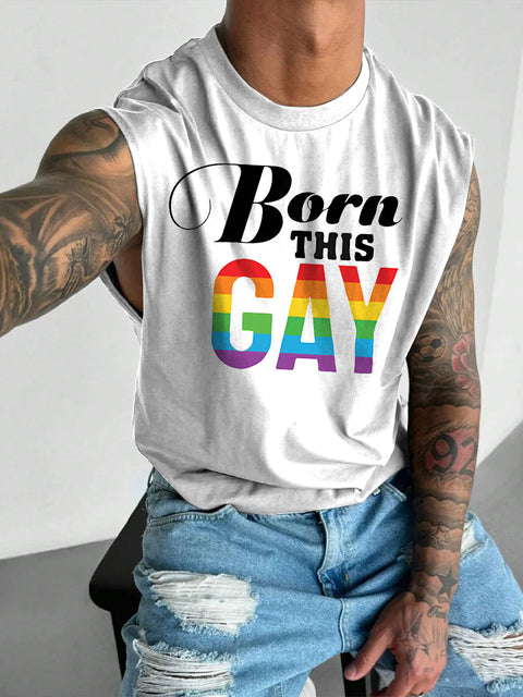 Men's Born This Gay Rainbow Print Casual Wide Shoulder Vest