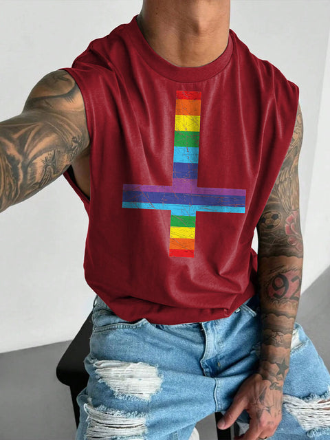Men's Rainbow St Peter's Cross Print Casual Wide Shoulder Vest
