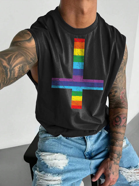 Men's Rainbow St Peter's Cross Print Casual Wide Shoulder Vest