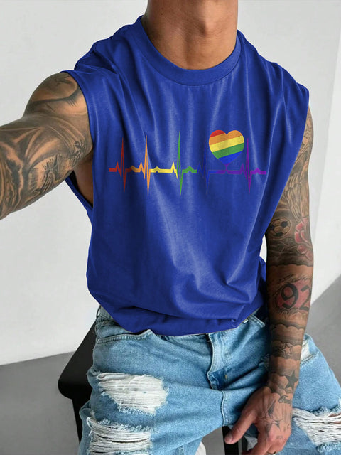Men's LGBT Rainbow Heartbeat Print Casual Wide Shoulder Vest