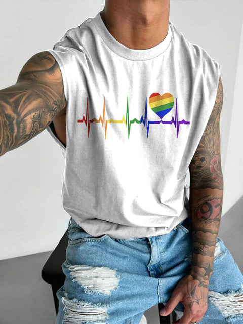 Men's LGBT Rainbow Heartbeat Print Casual Wide Shoulder Vest