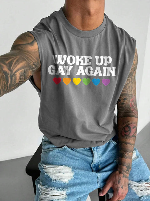 Men's LGBT Woke Up Gay Again Gay Pride Rainbow Heart Print Casual Wide Shoulder Vest