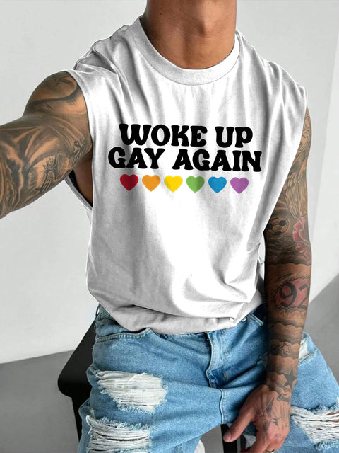 Men's LGBT Woke Up Gay Again Gay Pride Rainbow Heart Print Casual Wide Shoulder Vest