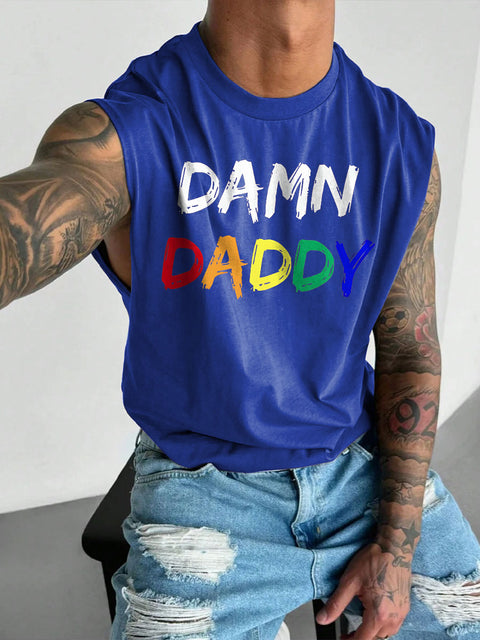 Men's LGBT Gay Bear Brotherhood Pride Damn Daddy Print Casual Wide Shoulder Vest