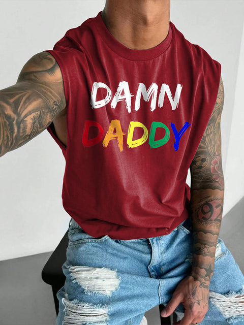 Men's LGBT Gay Bear Brotherhood Pride Damn Daddy Print Casual Wide Shoulder Vest