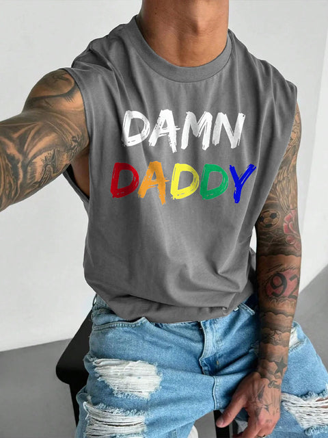 Men's LGBT Gay Bear Brotherhood Pride Damn Daddy Print Casual Wide Shoulder Vest