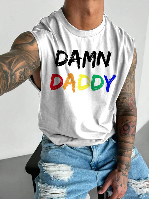 Men's LGBT Gay Bear Brotherhood Pride Damn Daddy Print Casual Wide Shoulder Vest