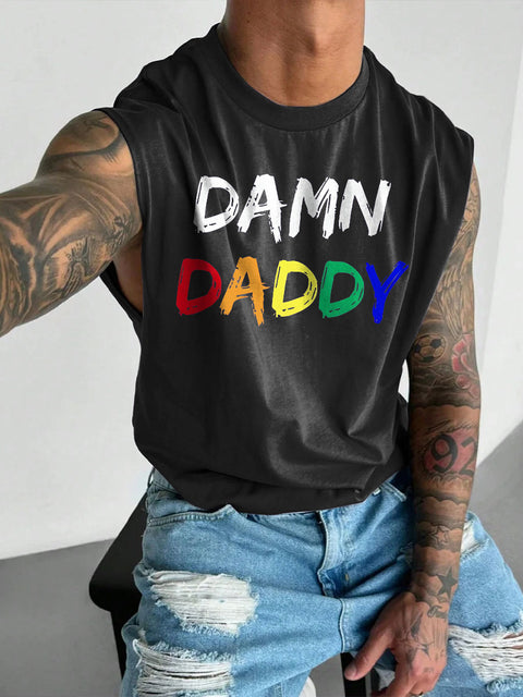 Men's LGBT Gay Bear Brotherhood Pride Damn Daddy Print Casual Wide Shoulder Vest
