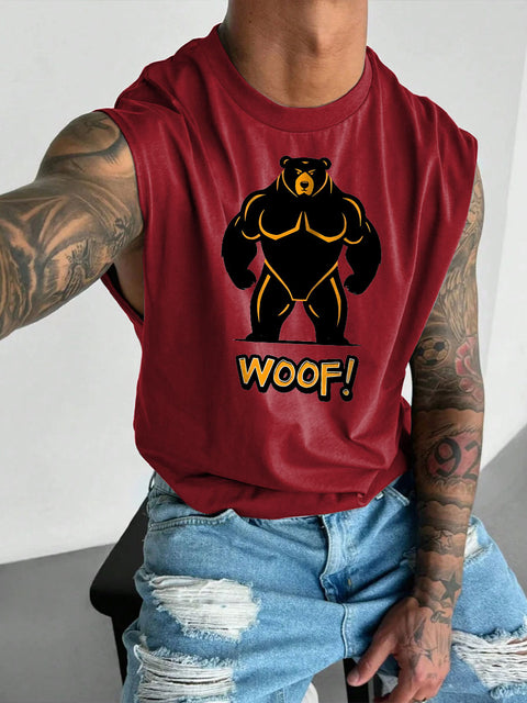 Men's LGBT Gay Bear WOOF Print Casual Wide Shoulder Vest