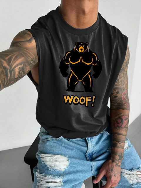 Men's LGBT Gay Bear WOOF Print Casual Wide Shoulder Vest