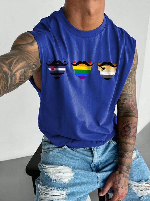 Men's LGBT Gay Daddy Bear Leather Rainbow Bearded Pride Print Casual Wide Shoulder Vest