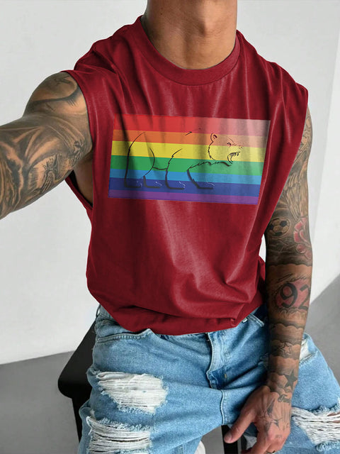 Men's LGBT Bear Pride Rainbow Flag Bear Print Casual Wide Shoulder Vest