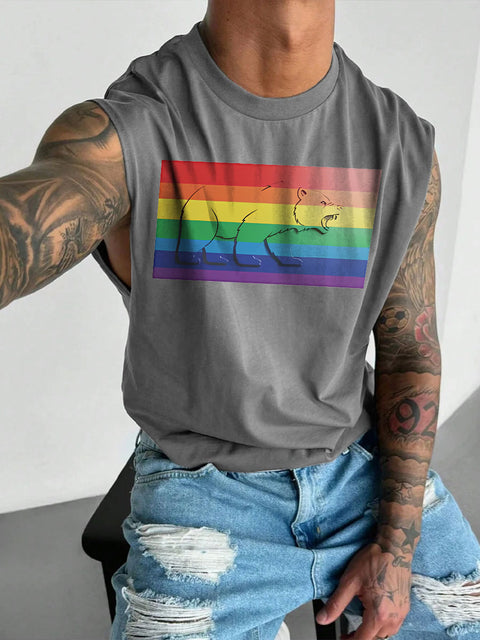 Men's LGBT Bear Pride Rainbow Flag Bear Print Casual Wide Shoulder Vest