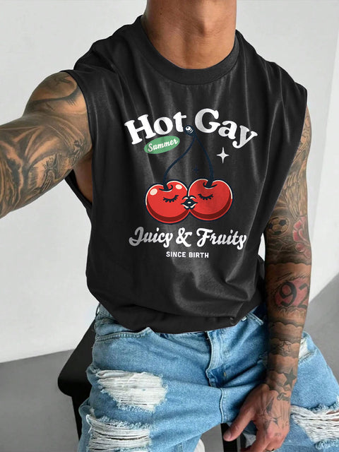 Men's LGBT Hot Gay Summer Juicy Fruity Since Birth Gay Print Casual Wide Shoulder Vest