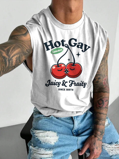Men's LGBT Hot Gay Summer Juicy Fruity Since Birth Gay Print Casual Wide Shoulder Vest