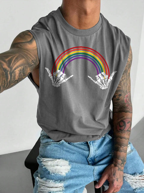 Men's LGBT Skeleton Hand Rocks Rainbow Print Casual Wide Shoulder Vest