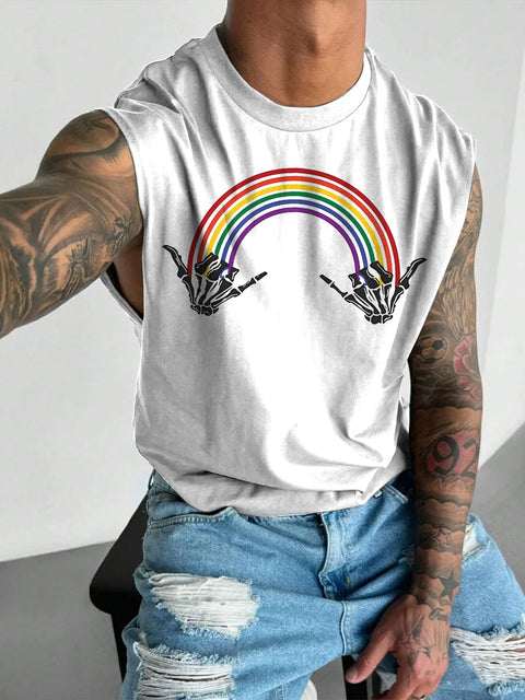 Men's LGBT Skeleton Hand Rocks Rainbow Print Casual Wide Shoulder Vest