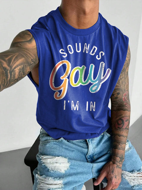 Men's LGBT Sounds Gay I'm In Gay Rainbow Print Casual Wide Shoulder Vest