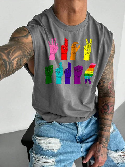 Men's LGBT Gay Pride Rainbow Gesture Print Casual Wide Shoulder Vest