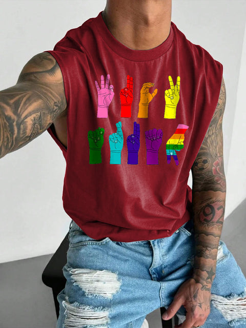 Men's LGBT Gay Pride Rainbow Gesture Print Casual Wide Shoulder Vest