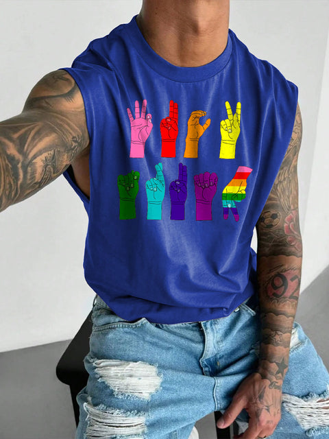 Men's LGBT Gay Pride Rainbow Gesture Print Casual Wide Shoulder Vest