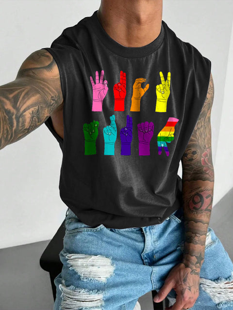 Men's LGBT Gay Pride Rainbow Gesture Print Casual Wide Shoulder Vest