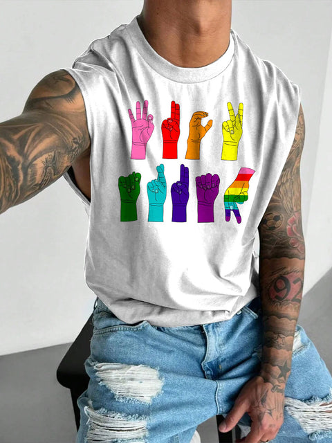 Men's LGBT Gay Pride Rainbow Gesture Print Casual Wide Shoulder Vest