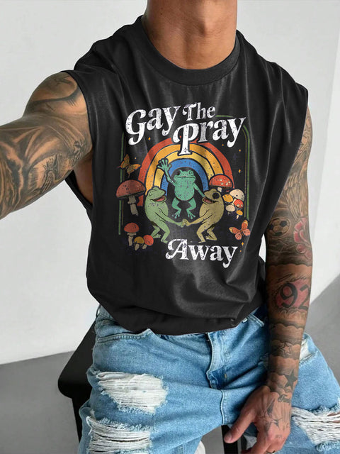 Men's LGBT Gay Pride Rainbow Gay The Pray Away Print Casual Wide Shoulder Vest