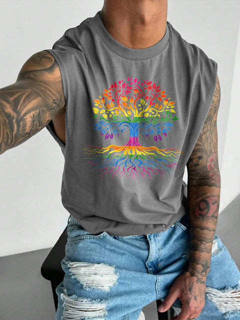 Men's LGBT Gay Pride Rainbow Tree Of Life Rainbow Print Casual Wide Shoulder Vest