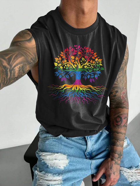 Men's LGBT Gay Pride Rainbow Tree Of Life Rainbow Print Casual Wide Shoulder Vest