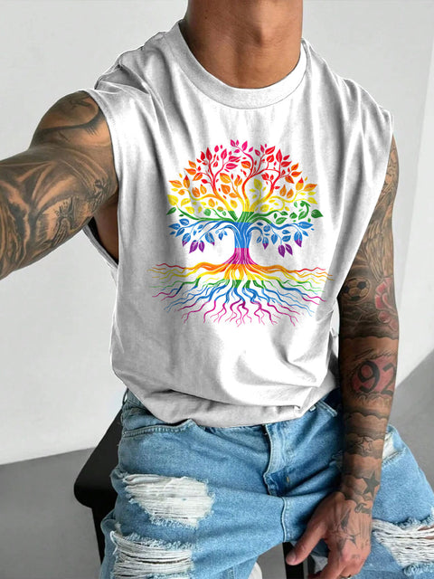 Men's LGBT Gay Pride Rainbow Tree Of Life Rainbow Print Casual Wide Shoulder Vest