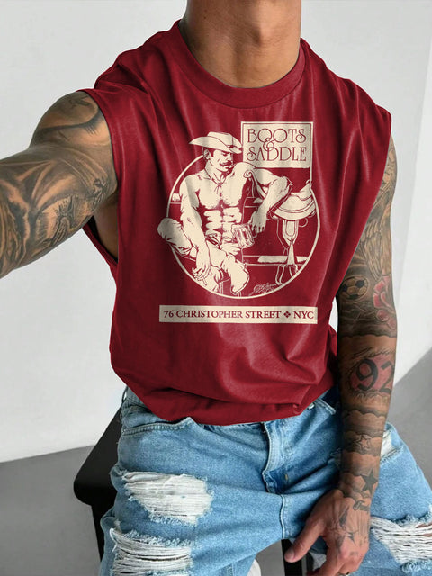 Men's LGBT Boots & Saddles Retro Gay Bar Funny Pride Casual Wide Shoulder Vest