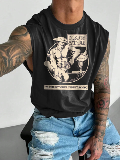 Men's LGBT Boots & Saddles Retro Gay Bar Funny Pride Casual Wide Shoulder Vest