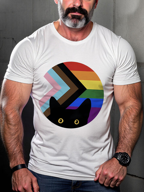 LGBT Peeking Cat In Rainbow Pride Print Casual T-shirt
