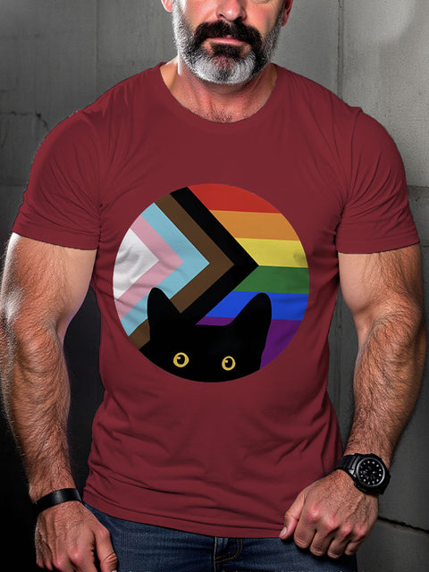 LGBT Peeking Cat In Rainbow Pride Print Casual T-shirt