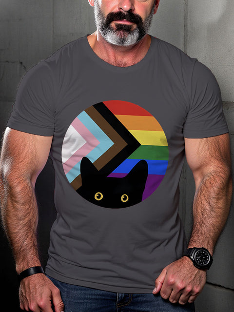LGBT Peeking Cat In Rainbow Pride Print Casual T-shirt