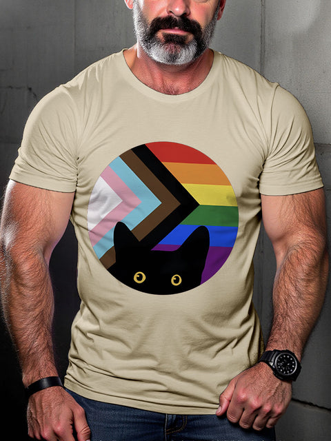 LGBT Peeking Cat In Rainbow Pride Print Casual T-shirt
