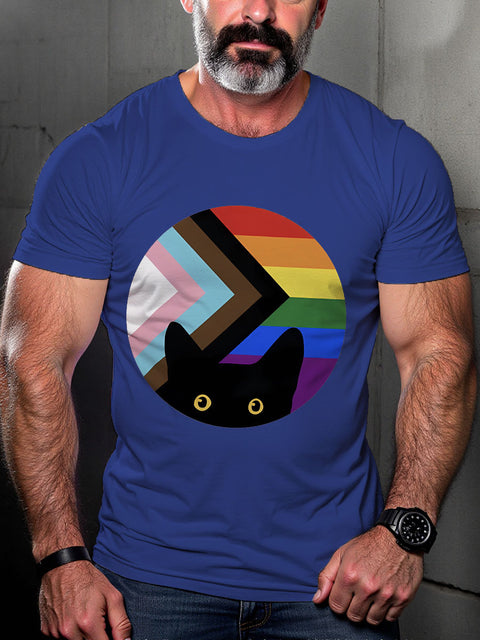 LGBT Peeking Cat In Rainbow Pride Print Casual T-shirt