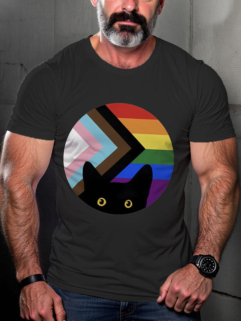 LGBT Peeking Cat In Rainbow Pride Print Casual T-shirt