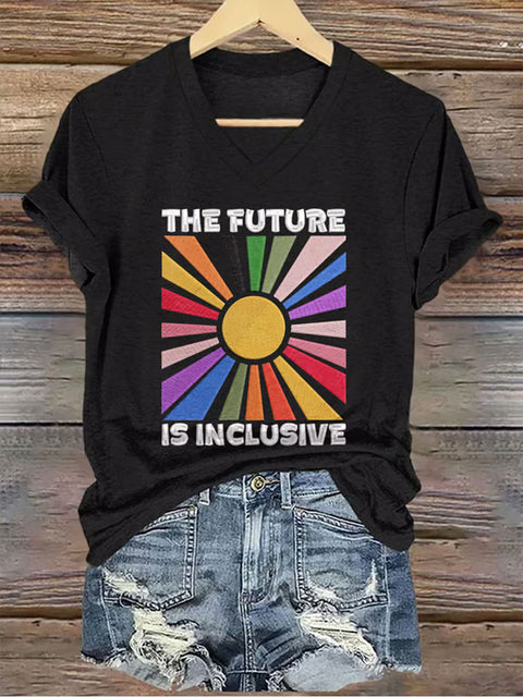 Retro The Future Is Inclusive V-neck Casual Print T-Shirt