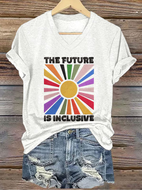 Retro The Future Is Inclusive V-neck Casual Print T-Shirt