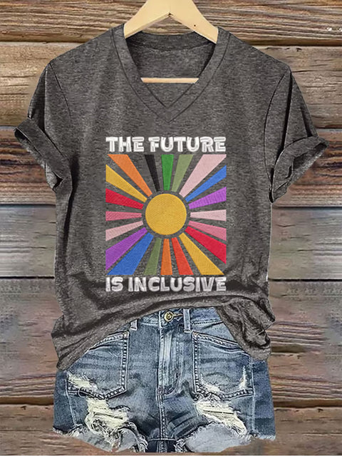 Retro The Future Is Inclusive V-neck Casual Print T-Shirt