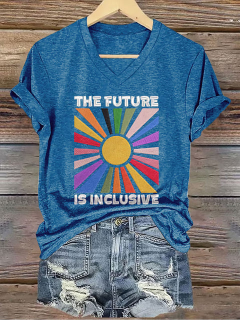 Retro The Future Is Inclusive V-neck Casual Print T-Shirt