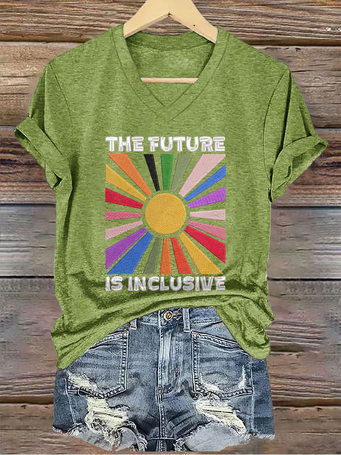 Retro The Future Is Inclusive V-neck Casual Print T-Shirt