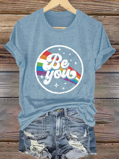 Be You Rainbow V-neck Casual Print T-Shirt