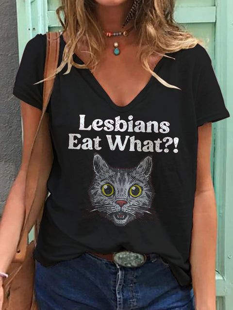 Women's Lesbians Eat What? Casual Print V-neck Casual T-Shirt